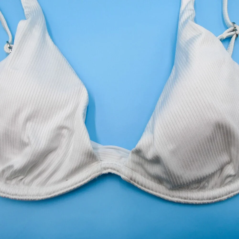 Victorias Secret Medium White Ribbed Underwired Plunge Padded Push-up Bikini Top
